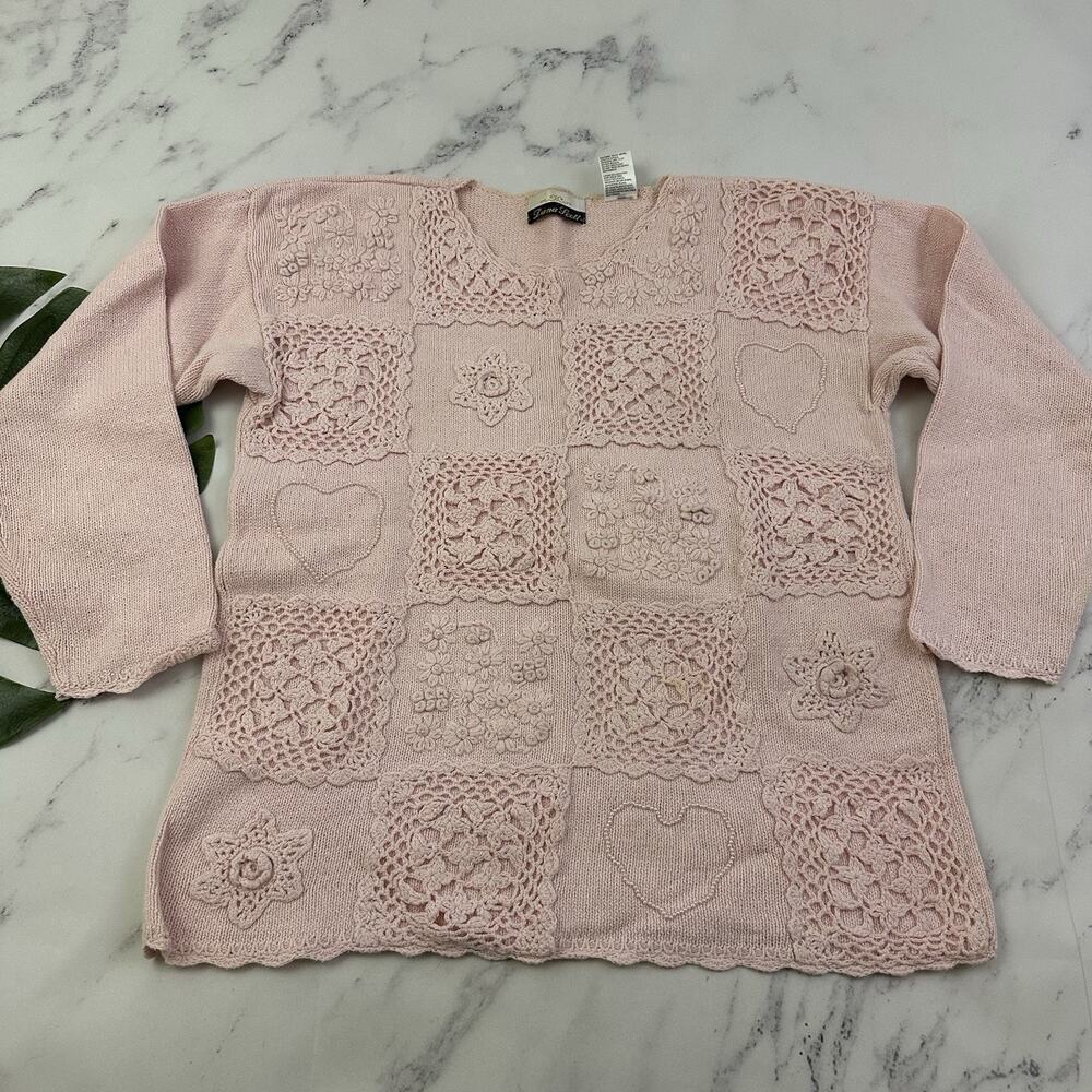 Dana Scott Womens Vintage 90s Sweater Size M Pastel Pink Crochet Floral Cottage